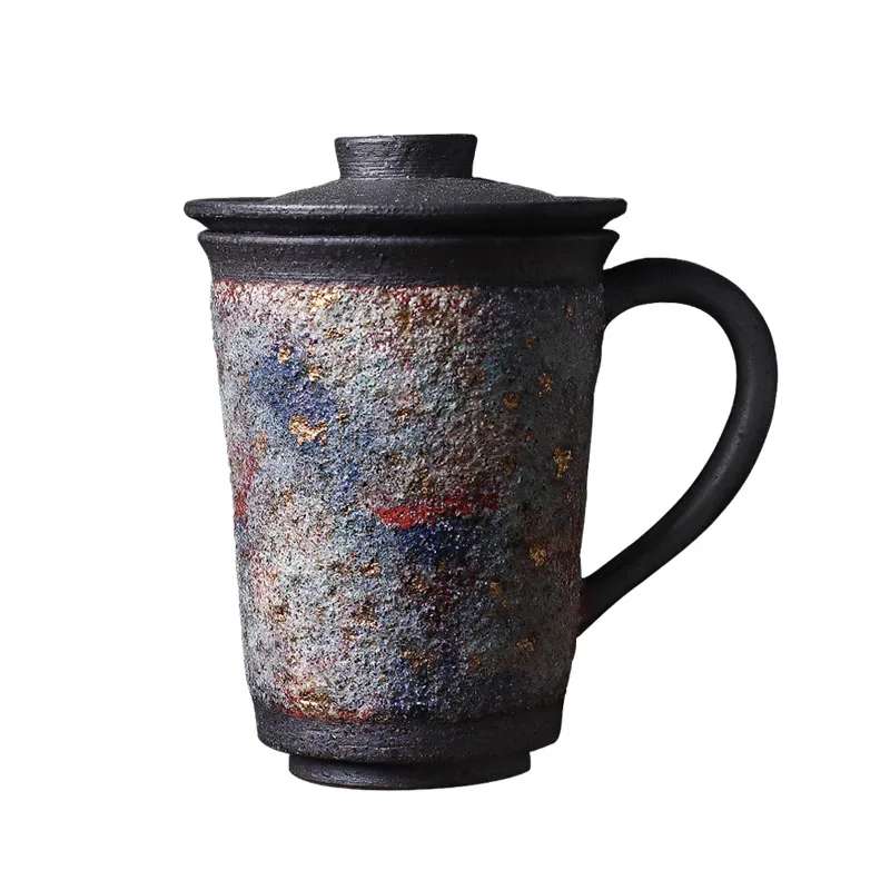 Three Layers Of Rock And Mineral, Colorful Mug, High Yue Pure Handmade Wood Fired Office Cup With Lid, Filtered Water Cup,