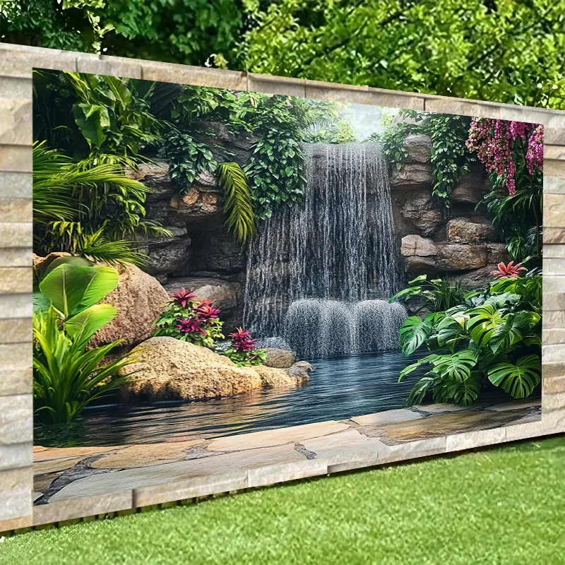 1pc Forest Garden Waterval Polyester Muurophanging - Levendig tropisch ontwerp, vloeiende waterval, buitendecoratie - afbeelding 2