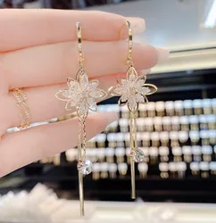 White Brilliant Flower Tassel Long Earrings Super Fairy Temperament Net Red 2024 New Trendy Ear Jewellery Women Lady Girls Gift