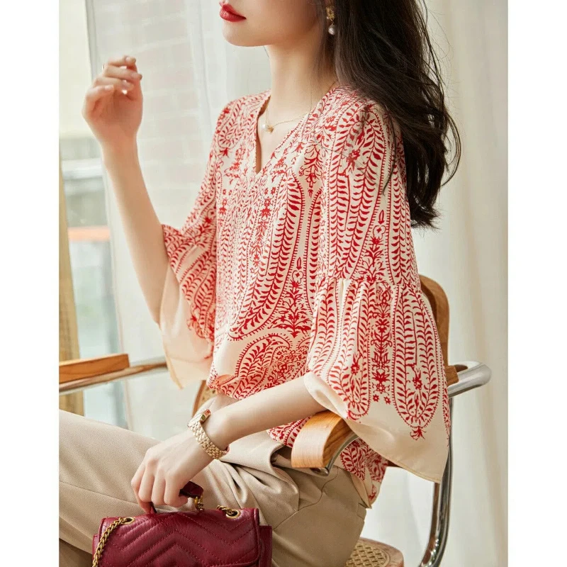 Spring Autumn Horn Sleeve V-neck Chiffon Style Printed Loose Women's Clothing Fitting Pullover with Seven Quarter Sleeves Shirts