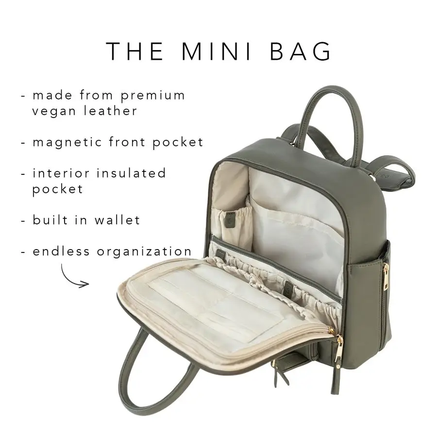 amp Co Mini Bag, Transitional Minimal Diaper Bag, Vegan Leather, with Expandable Pockets, BuiltIn Wallet, Organizer
