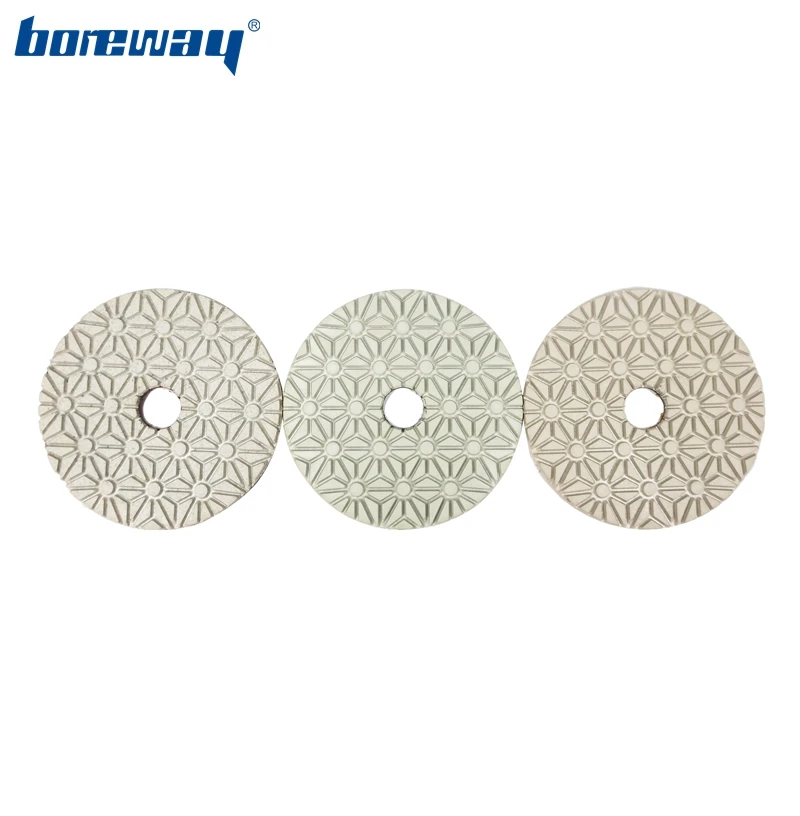 

Boreway 4 Inch Diamond Wet Polishing Pad Flower Pattern 3 Step Grinding Discs Grit #1#2#3 For Granite Marble Stone Floor Slab