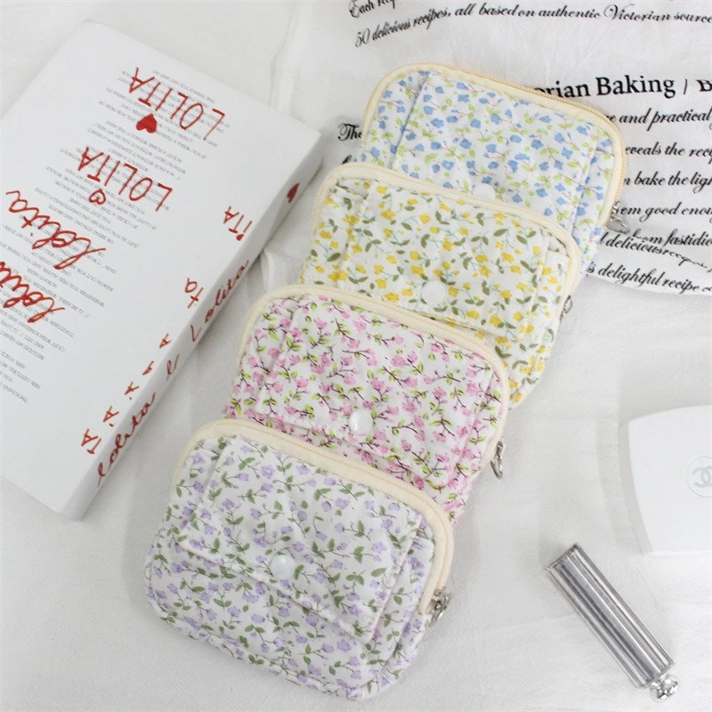 Flower Print Padded Mini Wallet Double Layer Zipper Coin Bag Portable Key Ring Card Storage Pouch Ladies Daily Use