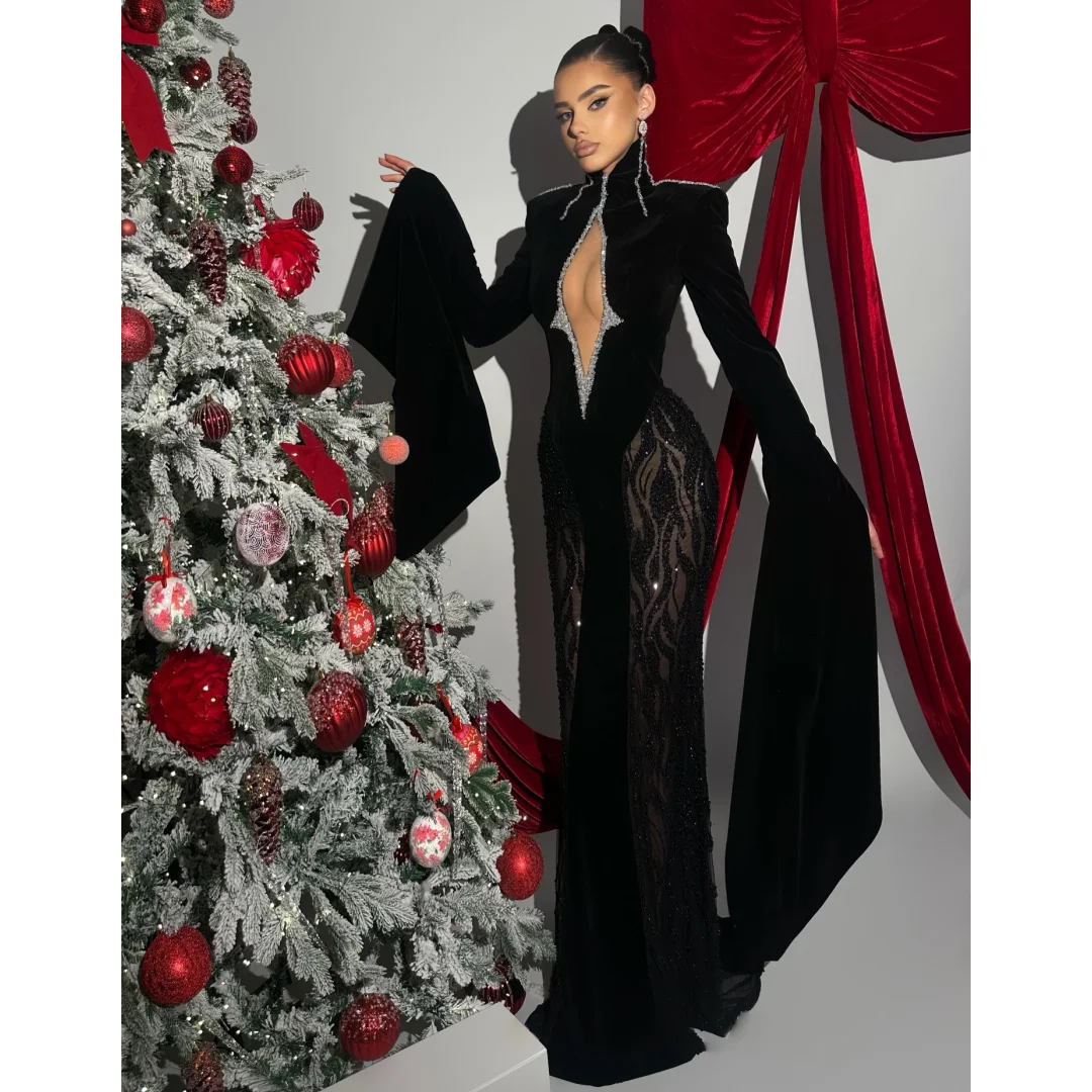 

Long Sleeve Evening Dresses Exquisite Lace Sequins Hollow Out Prom Dress Illusion Elegant Party Gown Gala Vestidos Customized