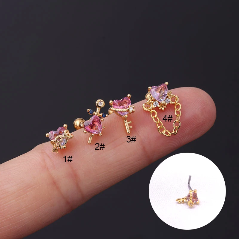 1Pcs Fashion L Shaped Nose Studs Piercing Jewelry 316L Stainless Steel Heart CZ Dangle Nose Stud Screw Indian Nose Ring Piercing