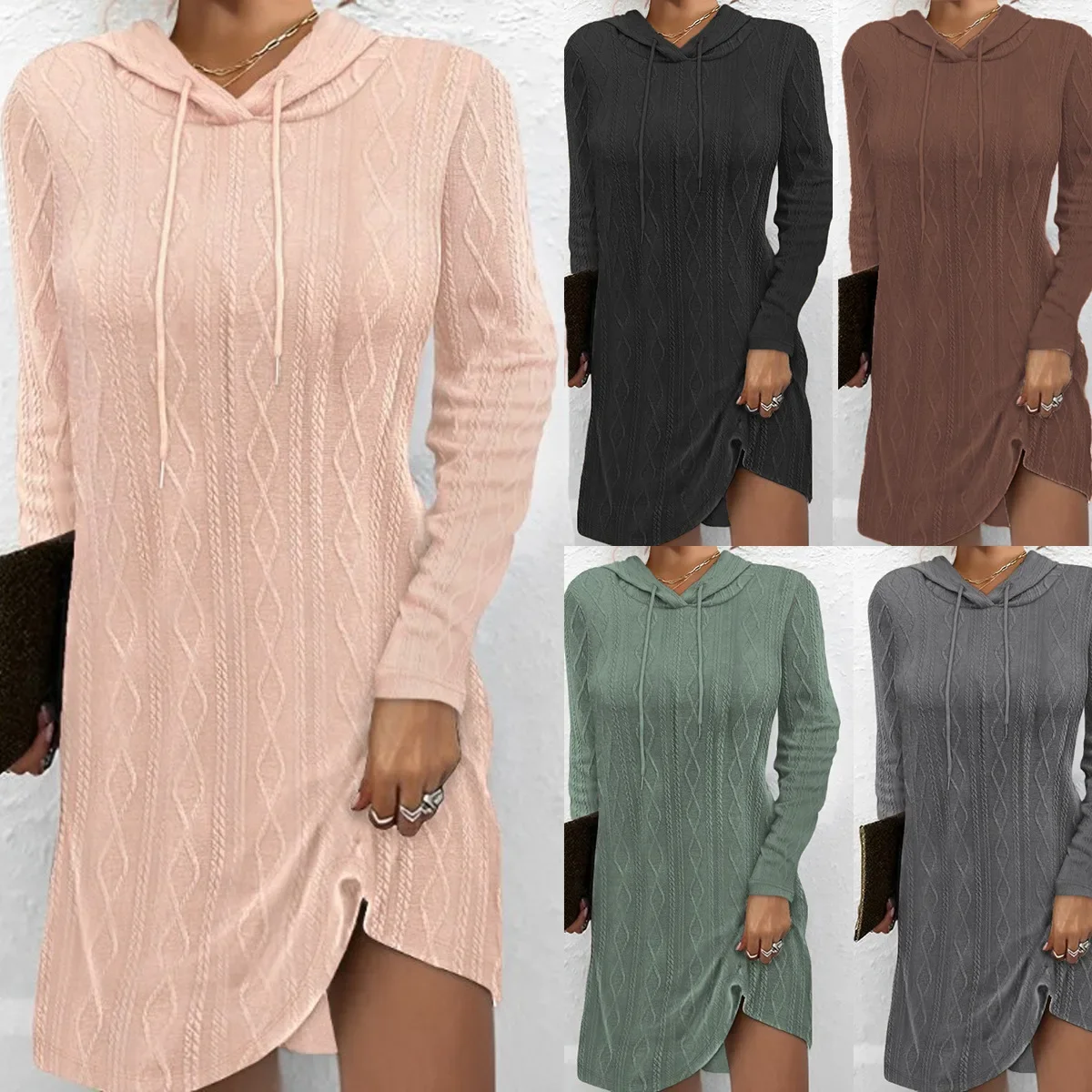 

Women Dresses Long Sleeve Hooded Pullover Knitting Sweaters Dress High Street Vestidos Draw String Autumn Loose Fit Striped