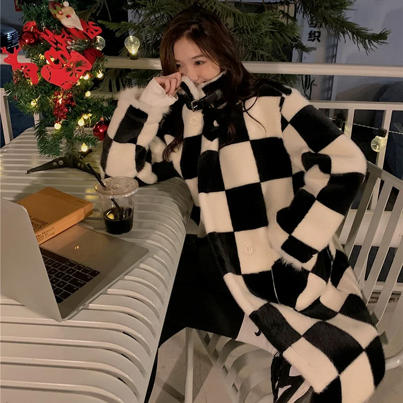 Jackets Women Long Style Plaid Harajuku All-match Double Breasted Design Daily Elegant Feminino Outwear Ins Stand Collar Simple