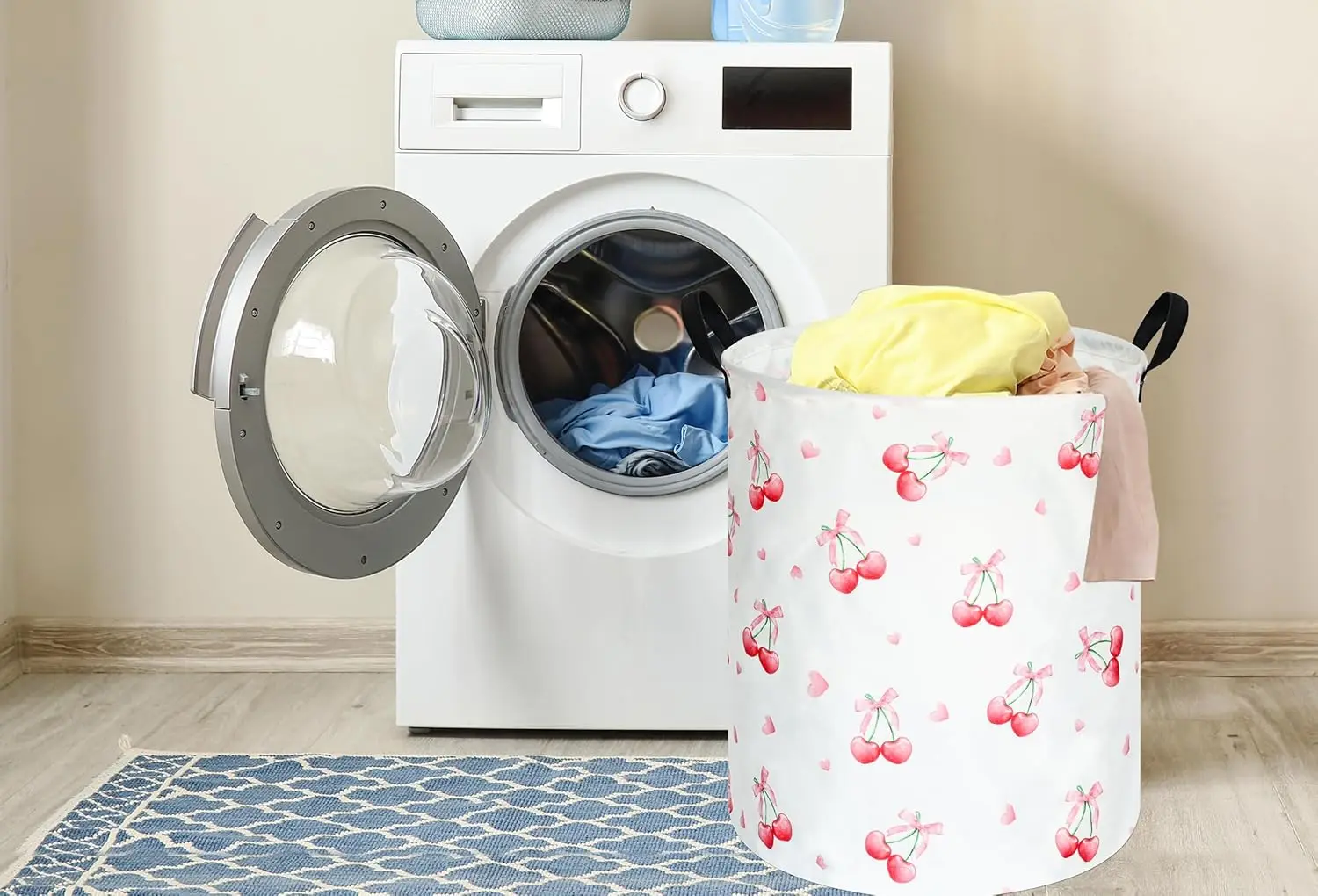 Cherry Print Round Laundry Hamper Storage Basket Bins Clothes Nursery Hamper for Home, Gift Storage Bins with Handles