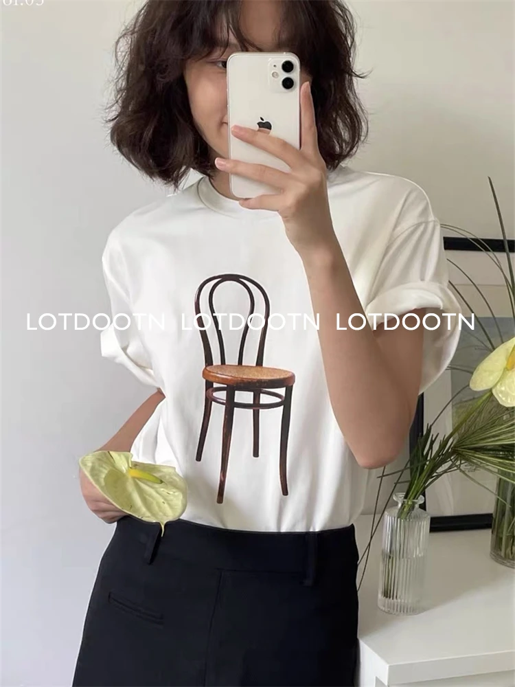 LOTDOOTN New Design Chairs Printed Women Vintage T Shirt Egirl Grunge Aesthetic T-Shirts Trendy Fashion Y2k Streetwear Tees Tops