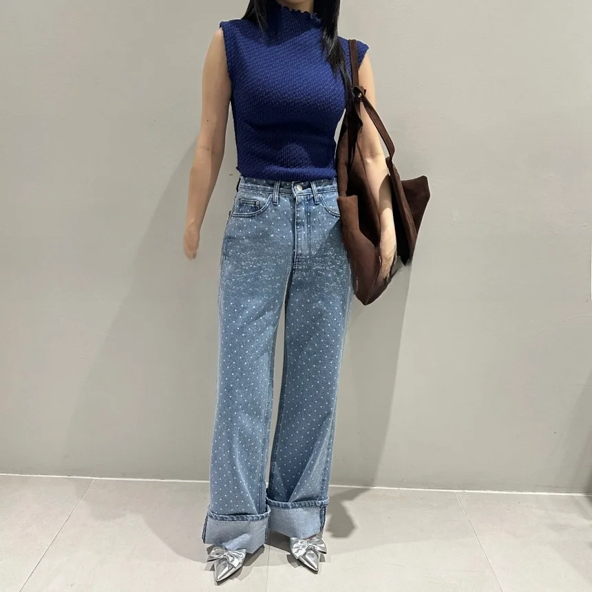 

Retro Washed High Waist Women's Denim Jeans Fine Polka Dot Casual Long Pants Straight Leg Versatile Trendy INS Straight Tube