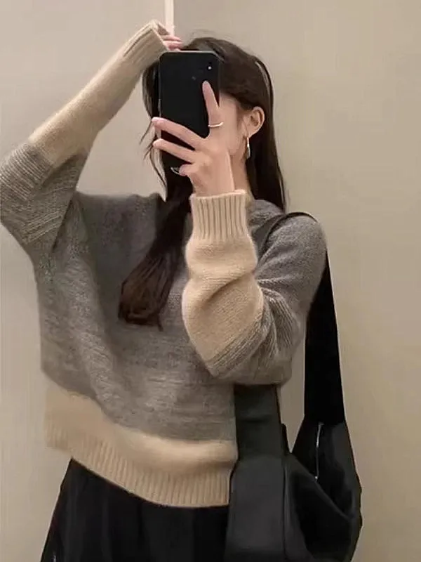 

Korean Sle Oversized Color Blo Soft Cozy Women's Knitwear Spring Casual Loose Design Versatile Long Sve Crew Ne Sweater