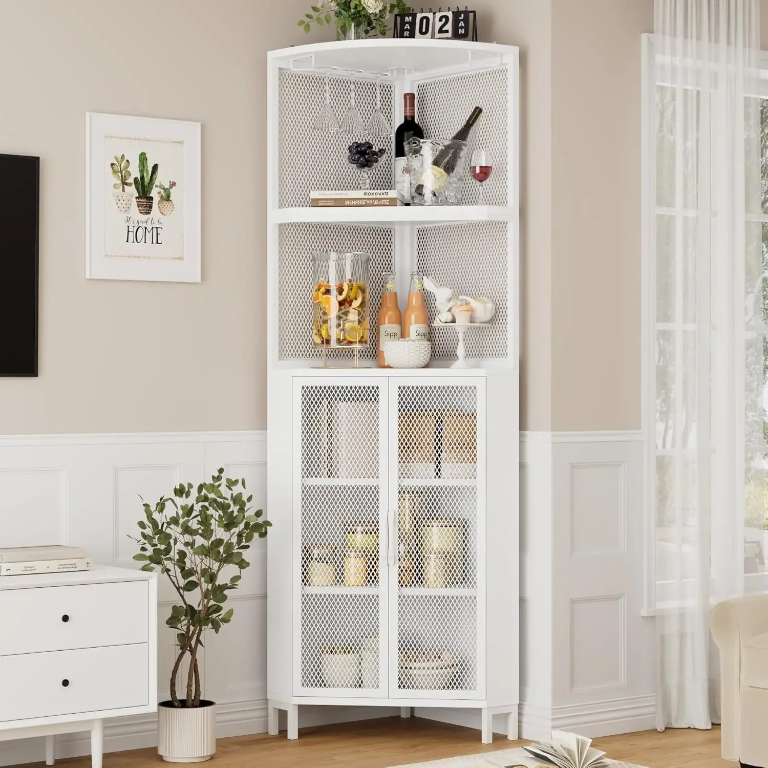 Tall Corner Shelf with Doors, White Corner Cabinet, Modern Display Shelves Free Standing Storage Rack for Living Room