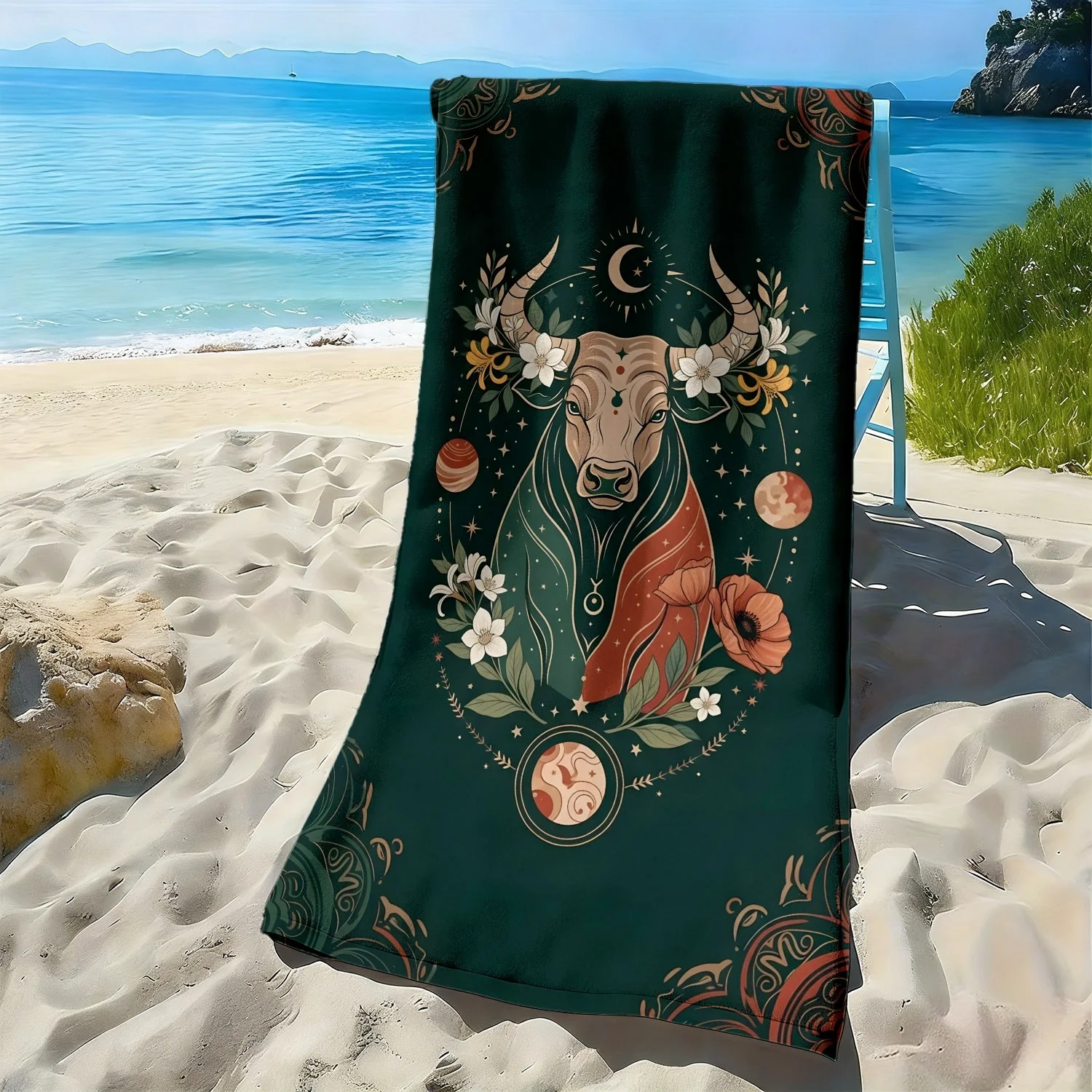 Mythical Taurus Flower Star Pattern polyester microfiber beach towel is highly absorbent suitable for swimming and beach outings