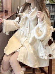 Winter Kawaii Woolen Retro Doll Collar Coat Women Korean High Sense Casual Overcoat 2024 New Loose Style Pretty Elegant Clothing