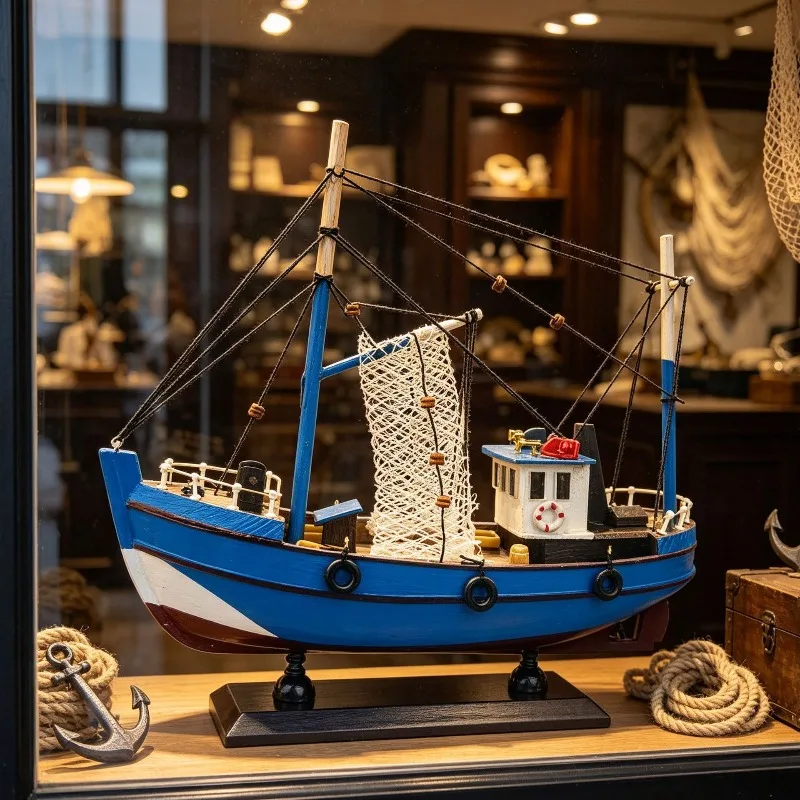 Blue Wooden Sailboat Model Handmade Coastal Navigation Decoration Dining Table Centerpiece Living Room Office Desk