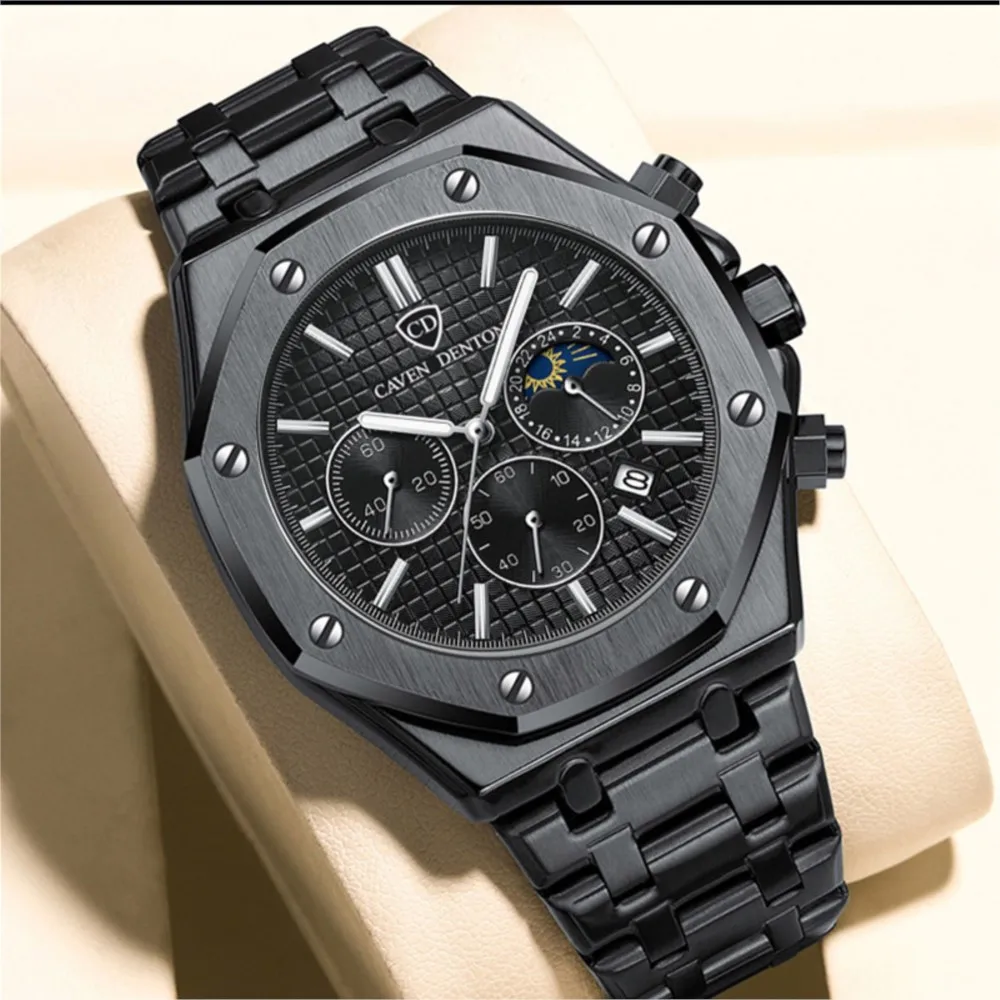 Stainless Steel Watch For Men Business Fashion Silver Quartz Watches Luxury Brand with Moon Phase Chronograph Decoration Clock