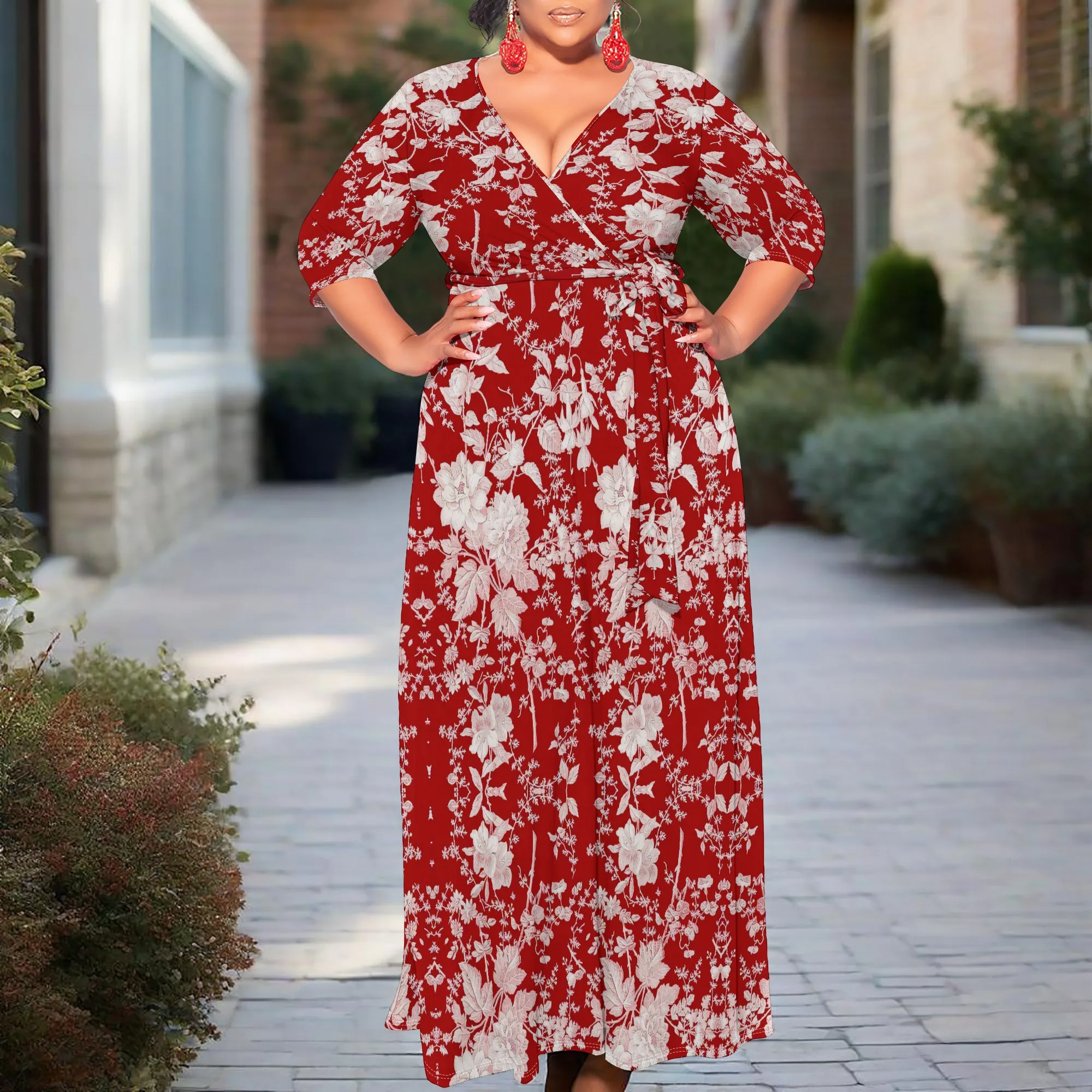 Summer Style Leaf Line Print Maxi Dress for Women with Belt Casual Daily Wear