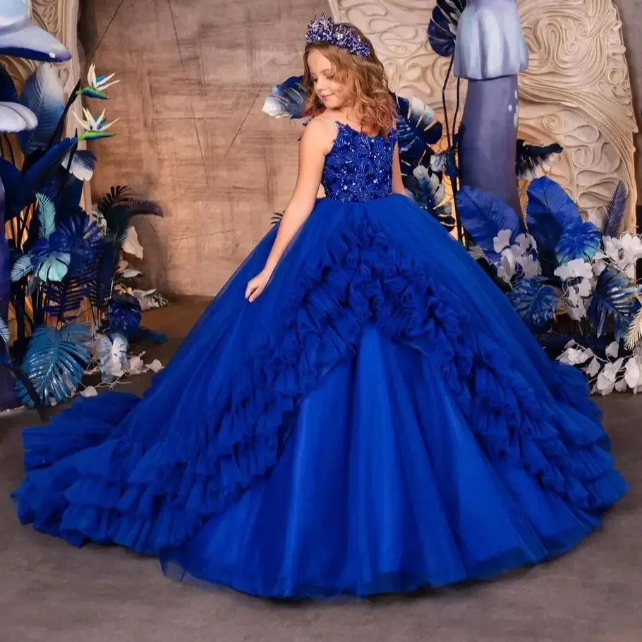 

Royal Blue Flower Girl Dresses Ball Gown Ruffles Beading Princess Baby Litter Girl's Birthday Party Gowns Customized