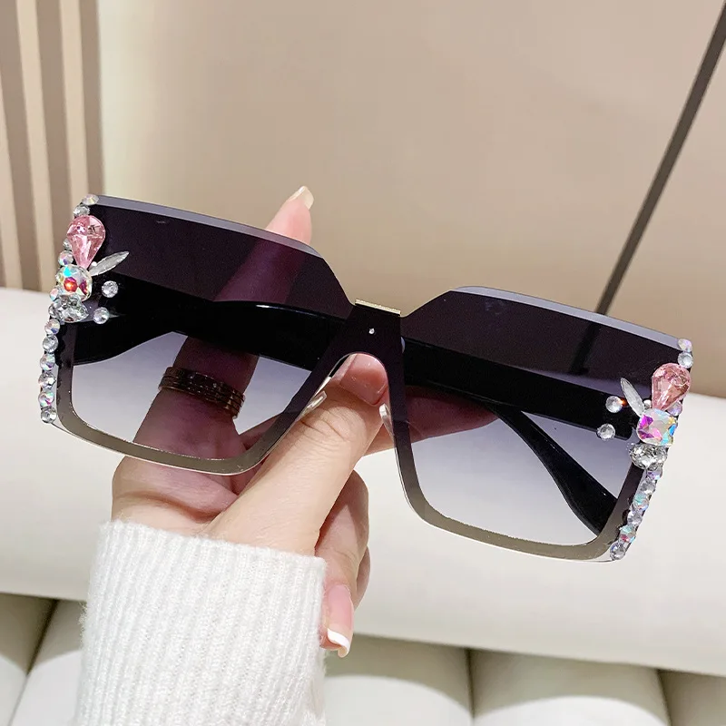 2024 Women Diamond Studded Square Sunglasses Frameless Cut Edge Sunglasses Vintage UV Protection Sun Protection Sunglasses