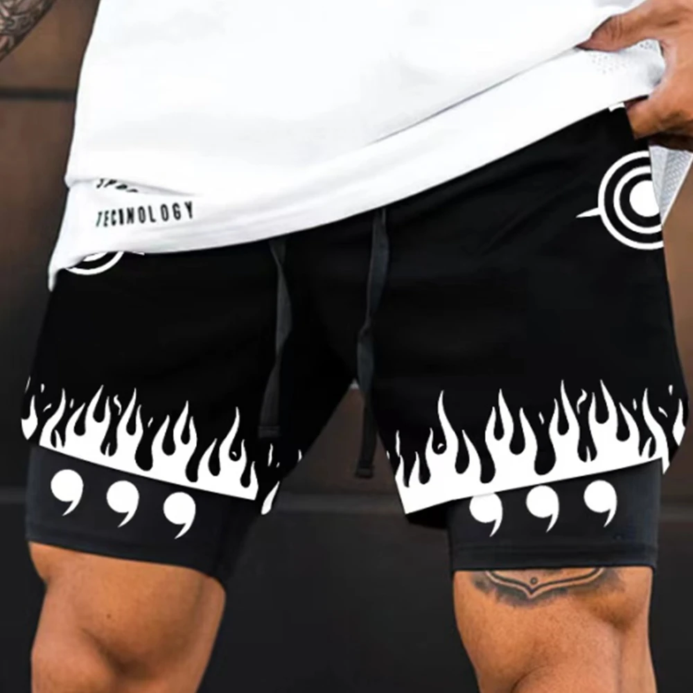 Shorts de Ginásio Anime Naruto Dragon Ball de Secagem Rápida para Homens, Dupla Camada, Absorvente de Suor, Desempenho de Corrida 2 em 1, 1 Pc