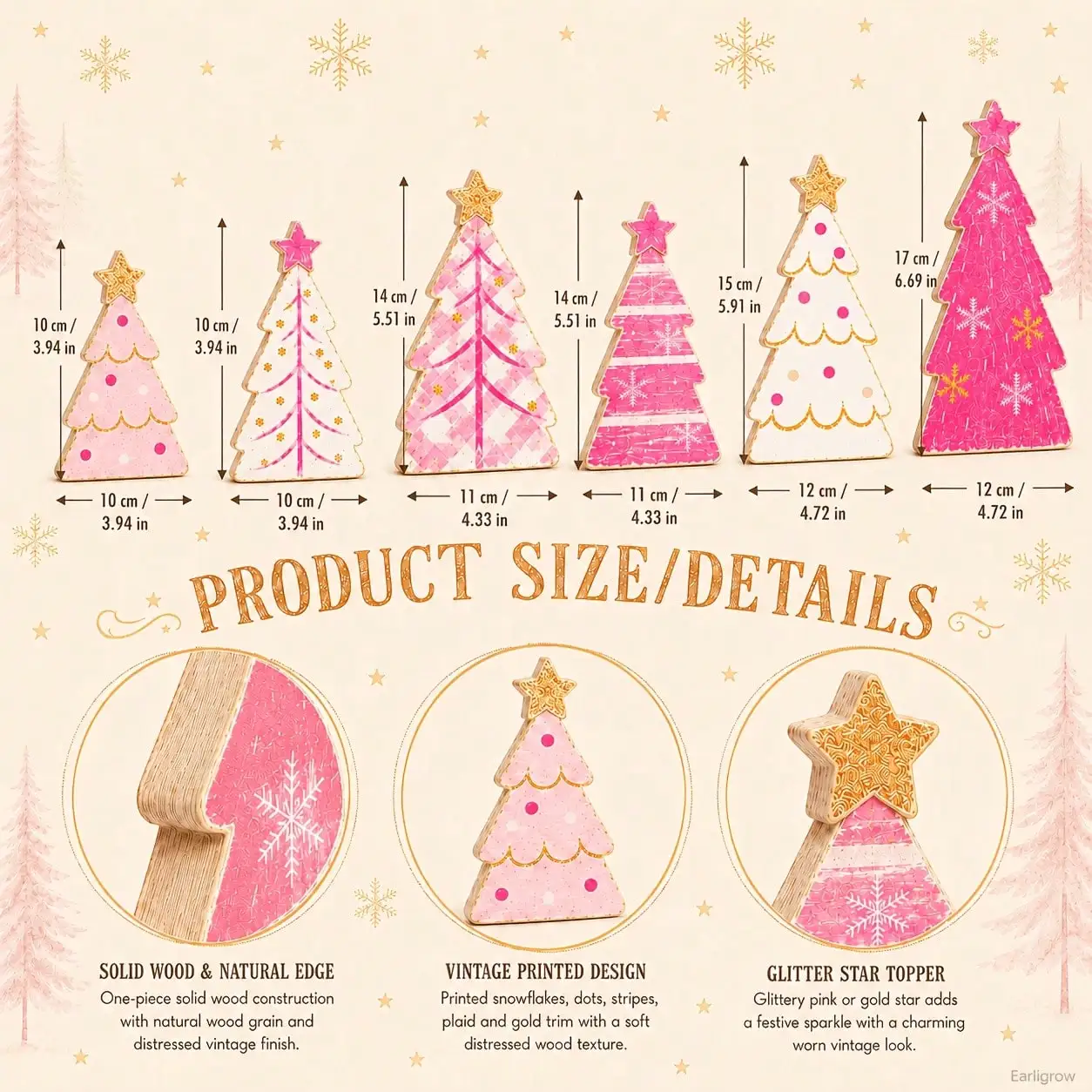 EARLIGROW 6-Piece Pink And White Wooden Christmas Tree Table Decorations, Rustic Vintage Farmhouse-Style Wooden Christmas Tree Ornaments, With Gold Sequin Star Decorations, Various Checkered And Polka Dot Snowflake Print Designs