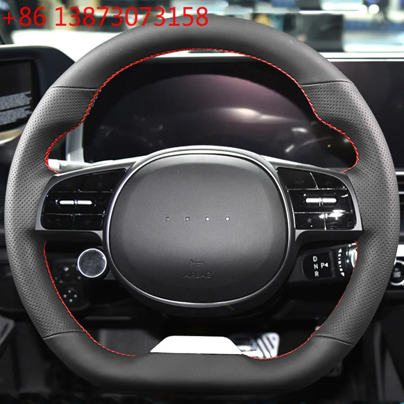 

DIY Black Leather Renovation Car Steering Wheel Cover Braid Red Stitching Interior for Hyundai IONIQ 5 IONIQ 6 2021 2022 2023