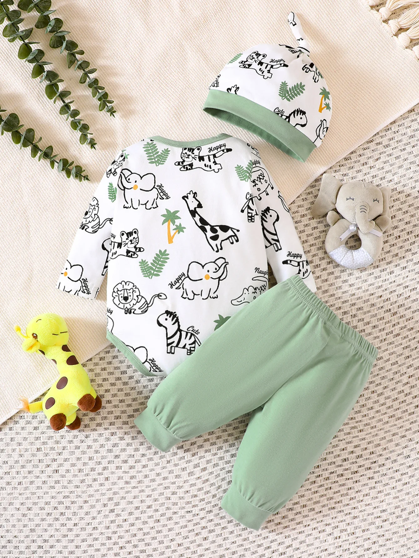 Spring And Autumn Boys  And Girls  Hats  Round Neck  Long Sleeves  Animal Pattern  Romper Pants Set  Fashionable And Warm