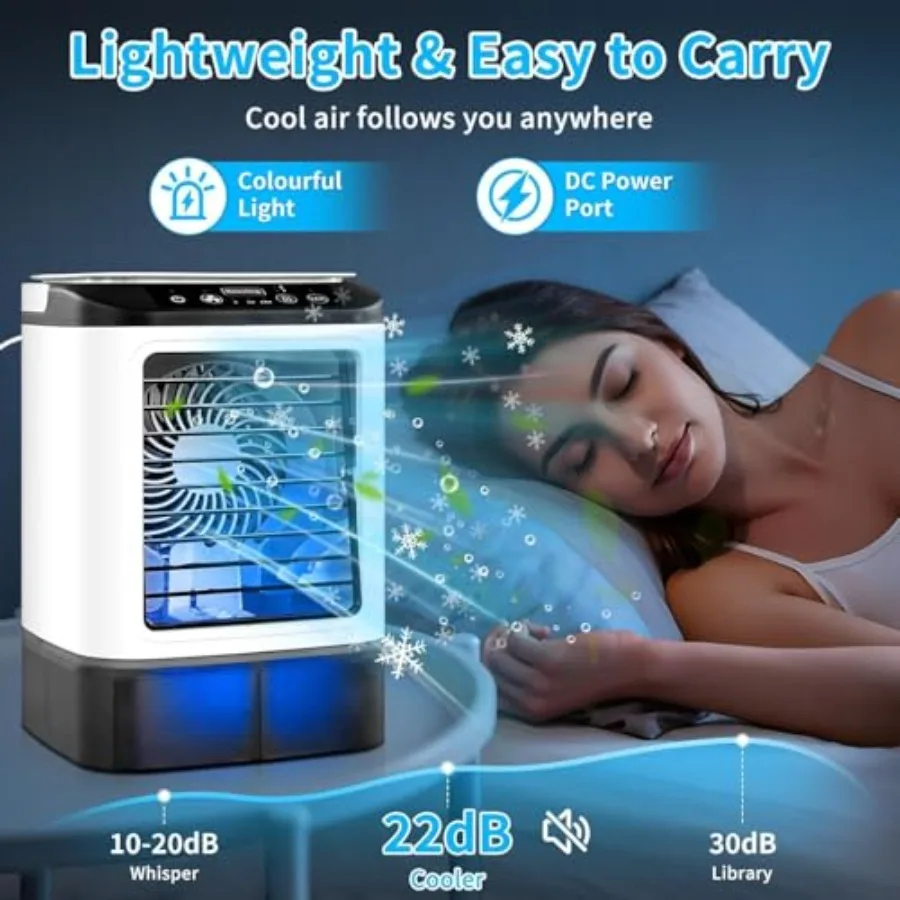 4-in-1 Mini Air Conditioner for bedroom office room car, evaporative cooler with 900ML tank ice cube mold, white plastic, ultra view 6