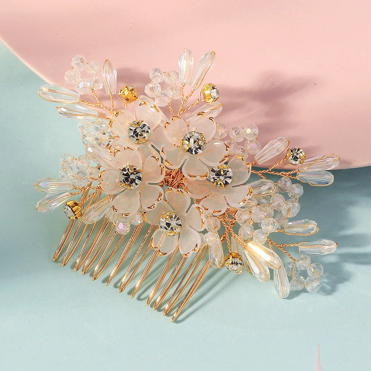 Hair Comb Crystal Flower Beaded Rhinestone Wedding Banquet Photoshoot Updo Accessory Handmade One Size view 2