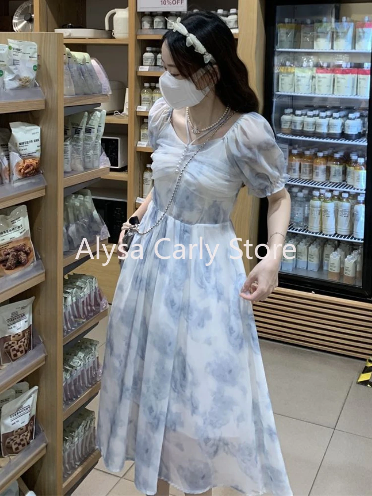 Casual Elegant Long Floral Dress Women Puff Sleeve Vintage Korean Fairy Dress Female 2024 Summer Beach Vacation Party Dress Chic