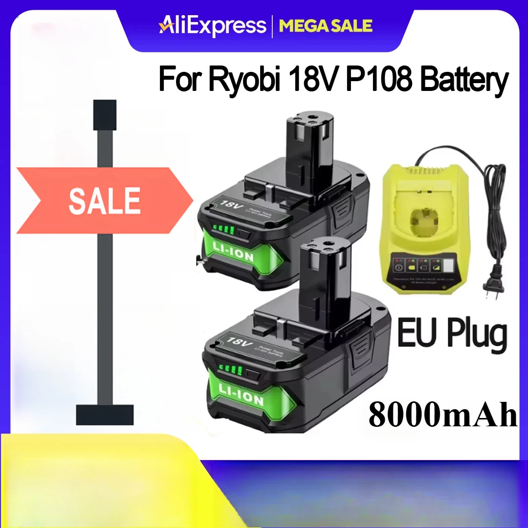 

For Ryobi P108 18V 8.0Ah Battery, Replacement Chargeable Lithium Battery P108 P102 P103 P104 P105 P109 ONE+ Cordless power Tool
