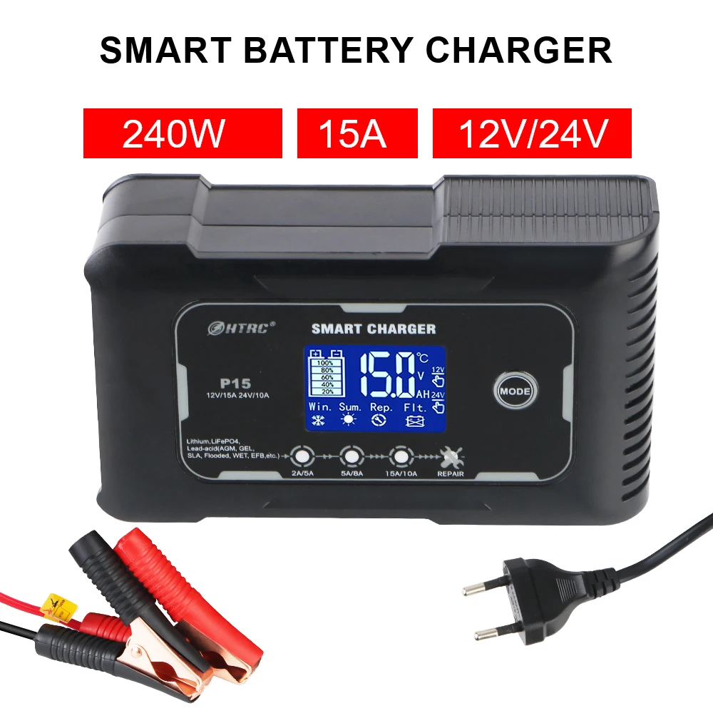 High Power Smart Battery Charger for Lifepo4 AGM Lead-Acid Lithium Batteri Automatic Pulse Repair Automatic LCD Display 240W 15A