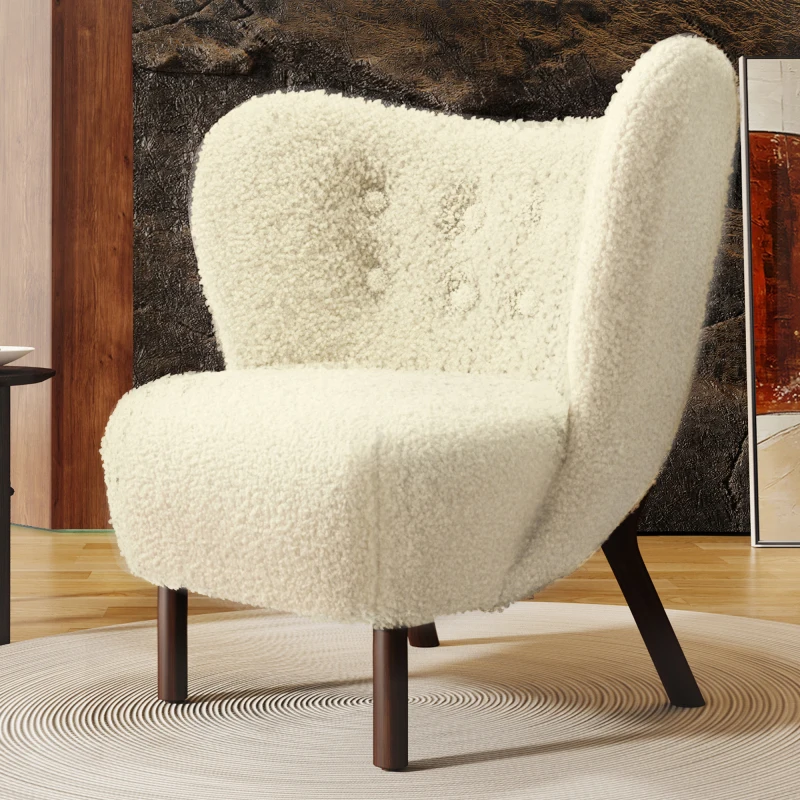 Modern Accent Chair Lambskin Sherpa Wingback Tufted Side Chair with Solid Wood Legs for Living Room Bedroom,Cream