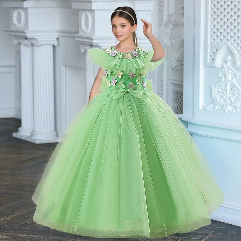 

Green Flower Girl Wedding Bridesmaid Party Dress For Kids Elegant Teens Clothing Formal Ball Gown Children Bow Knot Mesh Costume