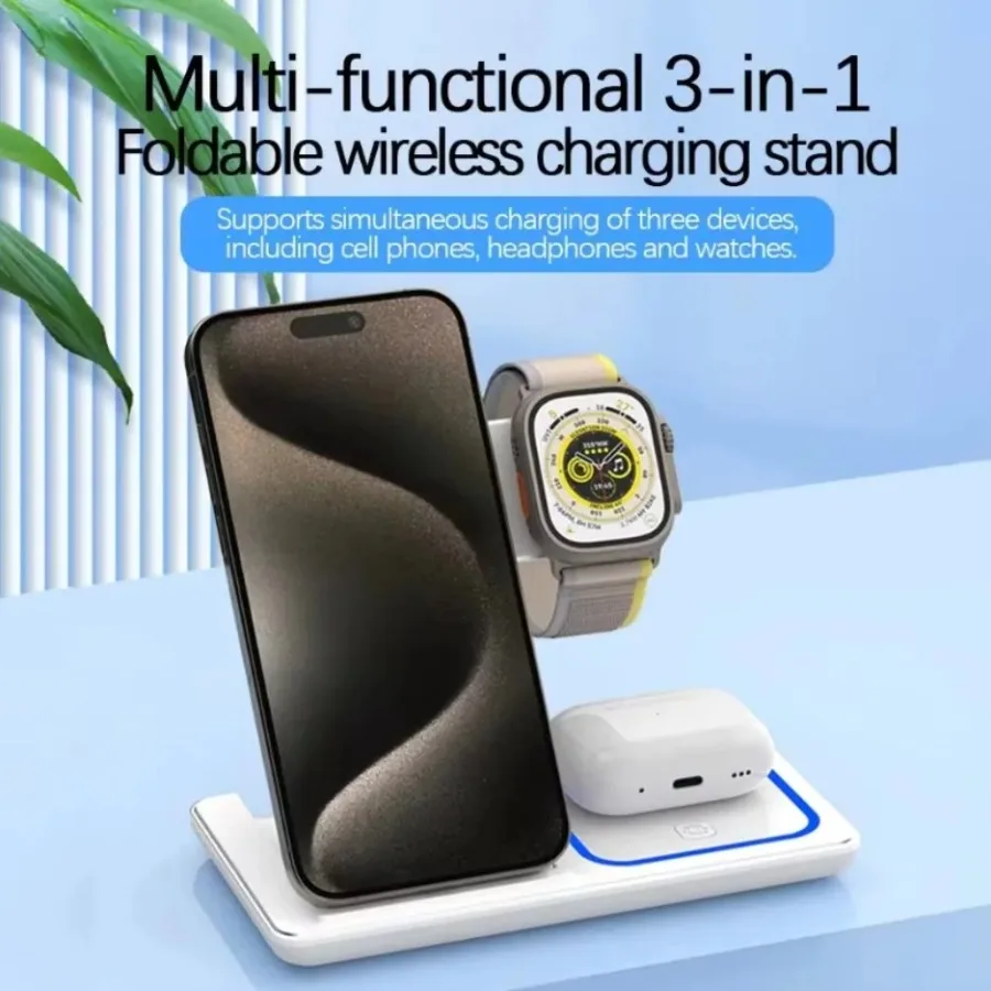 حامل شاحن لاسلكي سريع LED 3 في 1 محطة شحن قابلة للطي لهاتف iPhone 16 15 14 13 12 Apple Watch 9 8 7 6 5 Airpods Pro