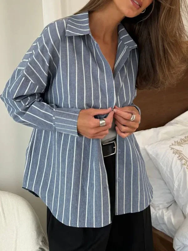 

Faionable Striped Long Sve Loose Women's irt Casual Sle Stripe Patterned Ladies Premium Quali Casual Faion