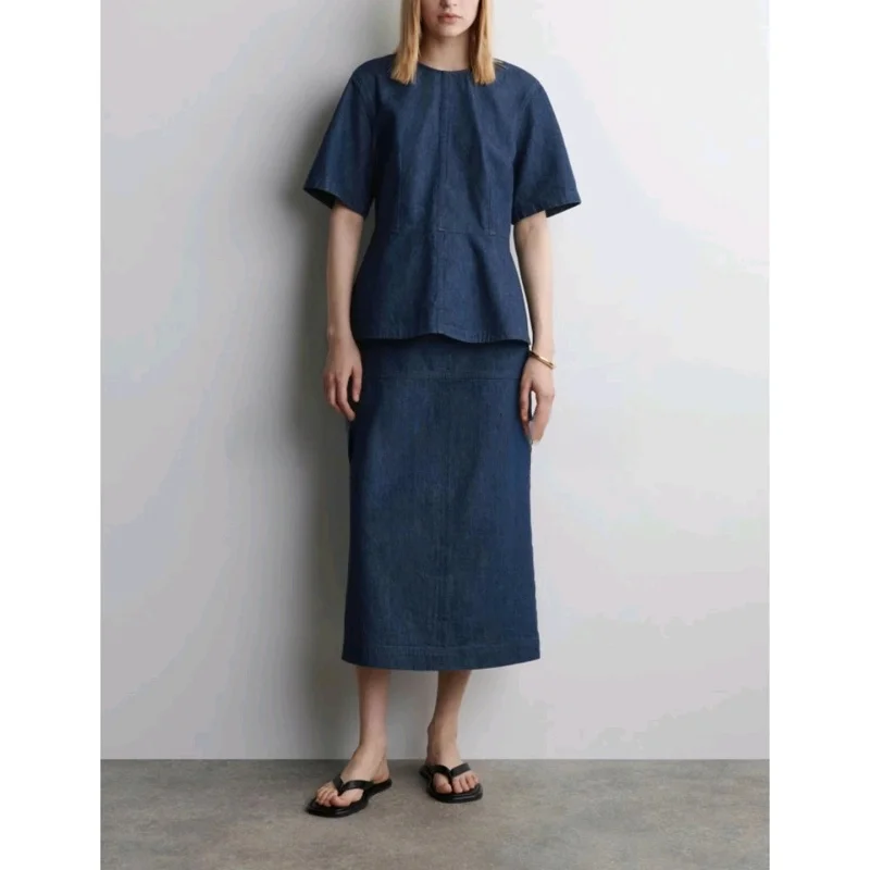 

New Summer Women's Casual Cotton Denim Stand Fit T-irt with Waist Pleats Comfortable Breathable Faionable irt
