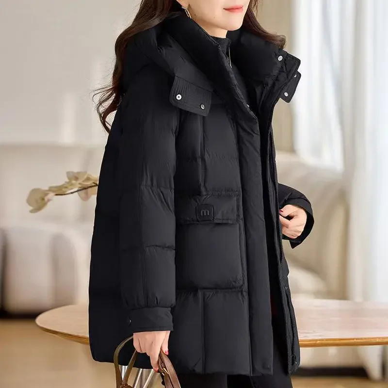 Women Mid Length Down Coat Detachable Big Hood Stand Collar Multi Pocket Loose Quilted Warm Winter Puffer Jacket Outerwear