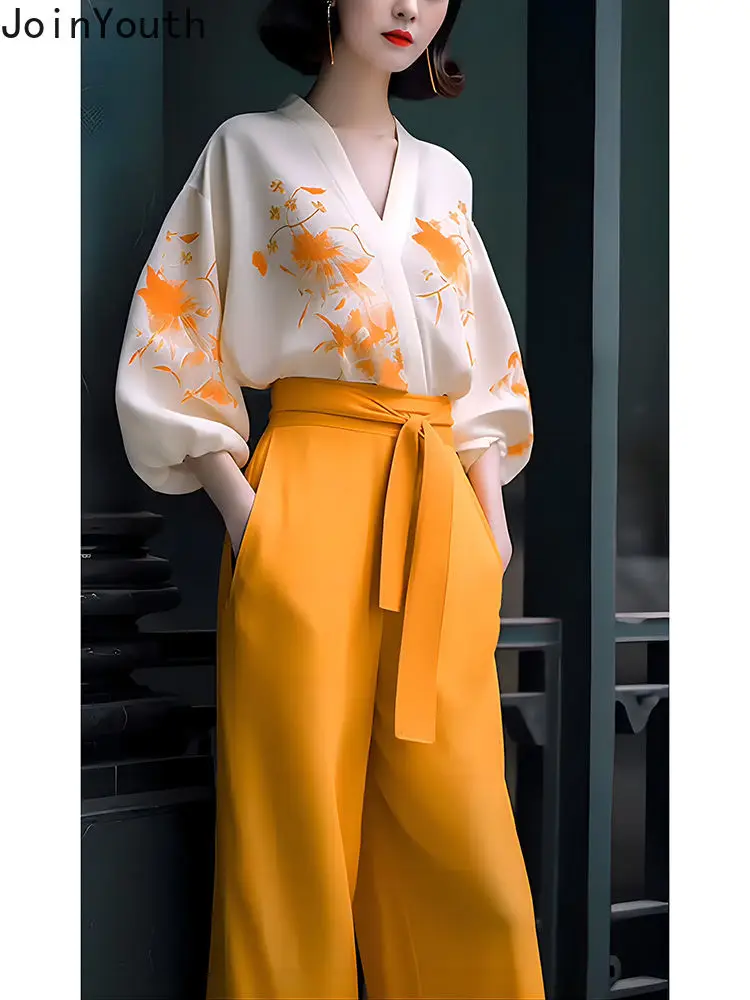 2024 Women Clothing Two Piece Sets V-neck Print Long Sleeve Shirt Bandage High Waist Wide Leg Pants Outfits Chic Vintage Suit