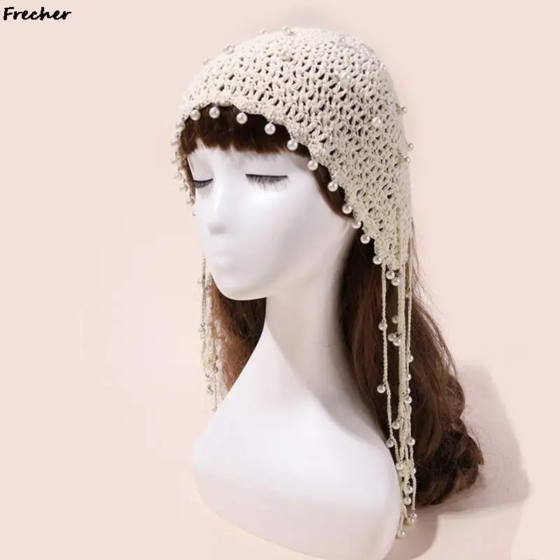 Wedding Party Tassel Hat Women Creative Pearl Braid Mesh Hats Vintage Ethnic Style Crochet Hollow Knit Caps Beautiful Headpiece