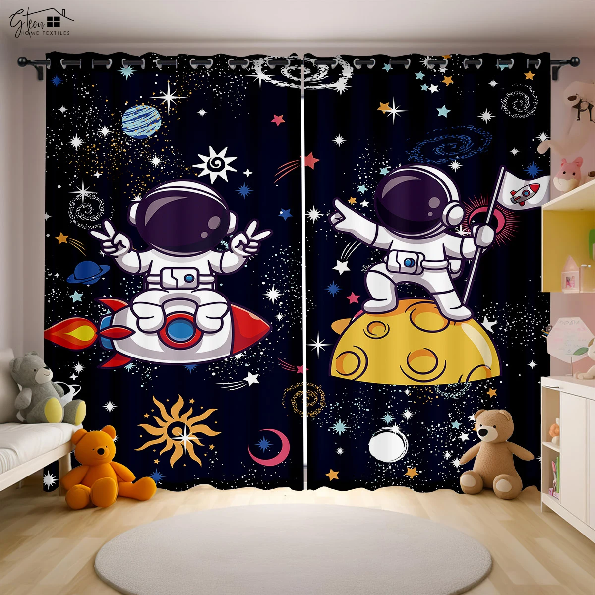 Cartoon Universe Curtains Spaceman Astronaut Spaceship Rocket Planet Bedroom Living Room Children's Room 3D Printing Curtains