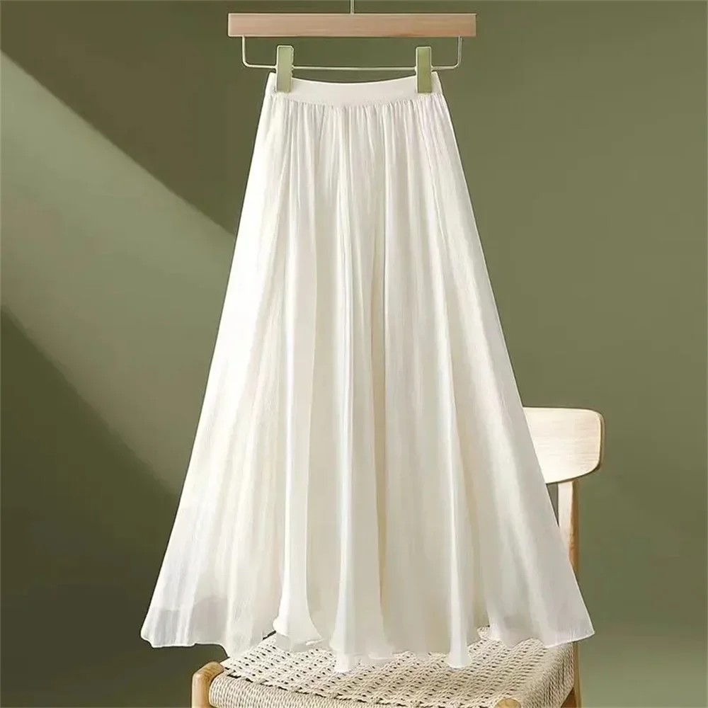 2024 Fashion Women Chiffon Long Skirts White Summer Midi Skirt Female Double Layer A-line Skirt High Waist Medium Length Ruffles