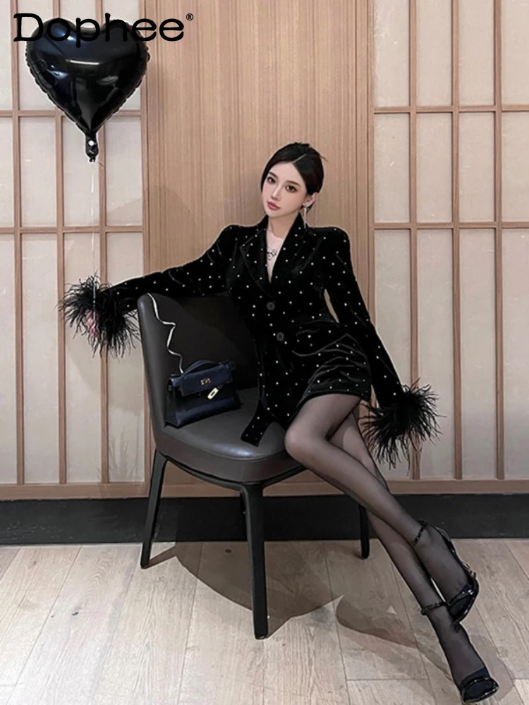 

Korean Style Black Rhinestone Velvet Ostrich Fur Suit Jacket Women Autumn New Padded Shoulder Slim Fit Business Suit Short Dress