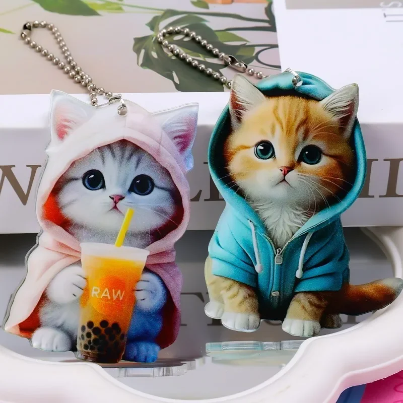 New Cartoon Hoodie Dressed Cat Ornament Pendant Acrylic Keychain Car Rearview Mirror Bag Animal Hanging Auto Pendant Accessories