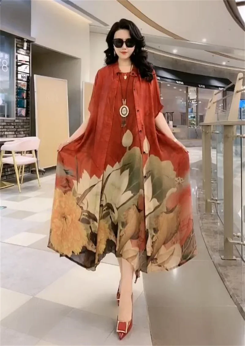 High Atmospheric Elegant Silk Dress Two-piece set 2024 Summer New Westernized Mulberry Silk Large Size Temperament Long Set Skir