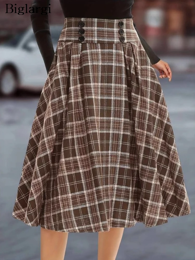 

Autumn Winter Skirt Women Plaid Print Fashion Ruffle Pleated Loose Ladies Skirts High Waist Korean Style Woman Skirt