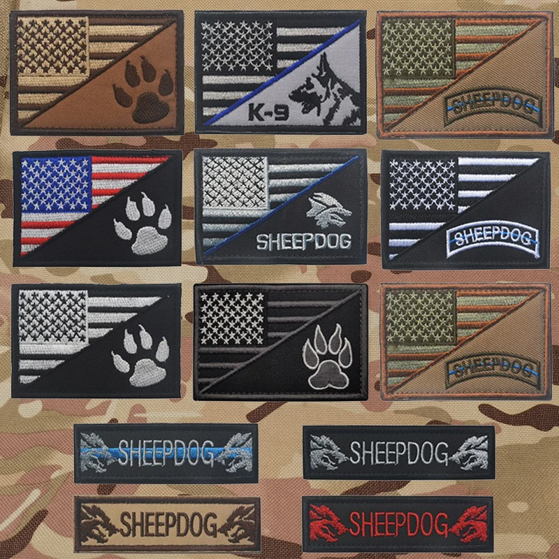 SHEEPDOG Embroideried Strip Patch K-9 Dog American Flag Tactical Patch Stickers On Clothing With Hook And Loop