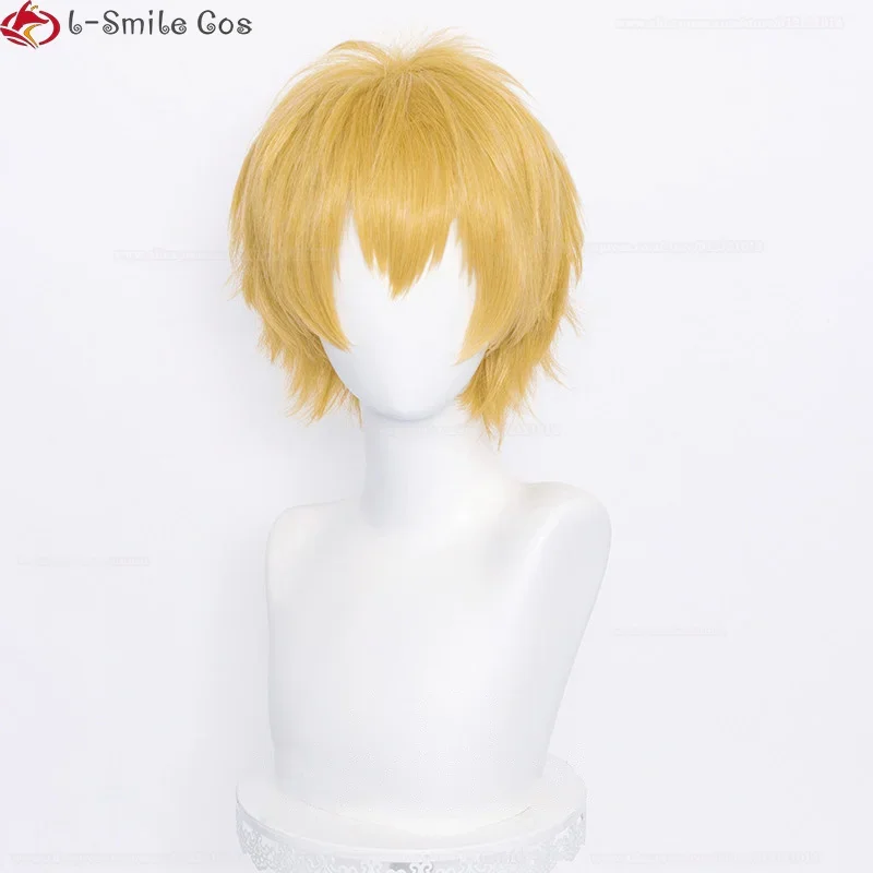 男性用アイパッチ付きアニメウィッグ,コスプレ用アクセサリー,ゴールデンイエローとオレンジ,ショート,30cm