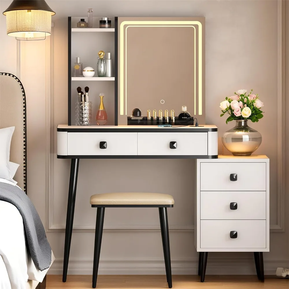 مجموعة مكتب Soges Vanity، مرآة وأضواء LED للمكياج المدمج، مقعد مبطن، طاولة تزيين مع خزانة تخزين، Stora #1