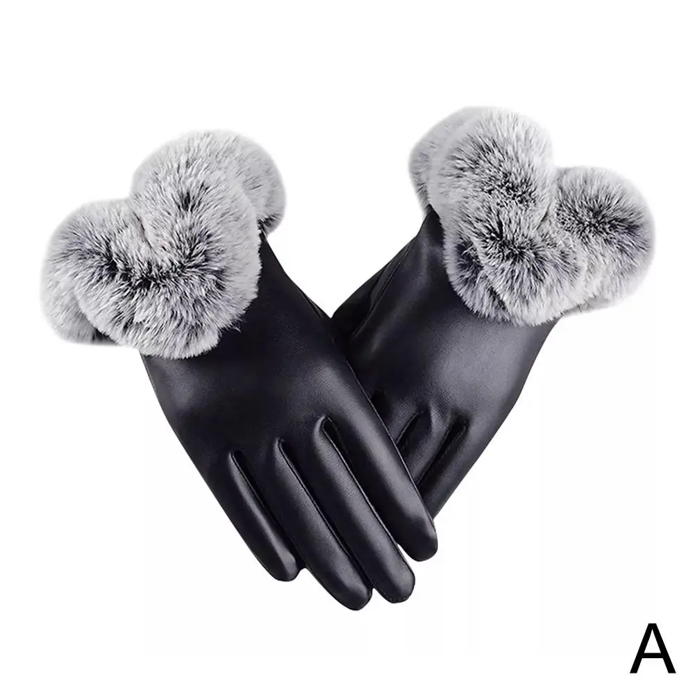 Women's Large V-shaped Touch Screen Warm Plush Leather Gloves Leather Gloves Black Fashion Cycling PU Winter P7Q7